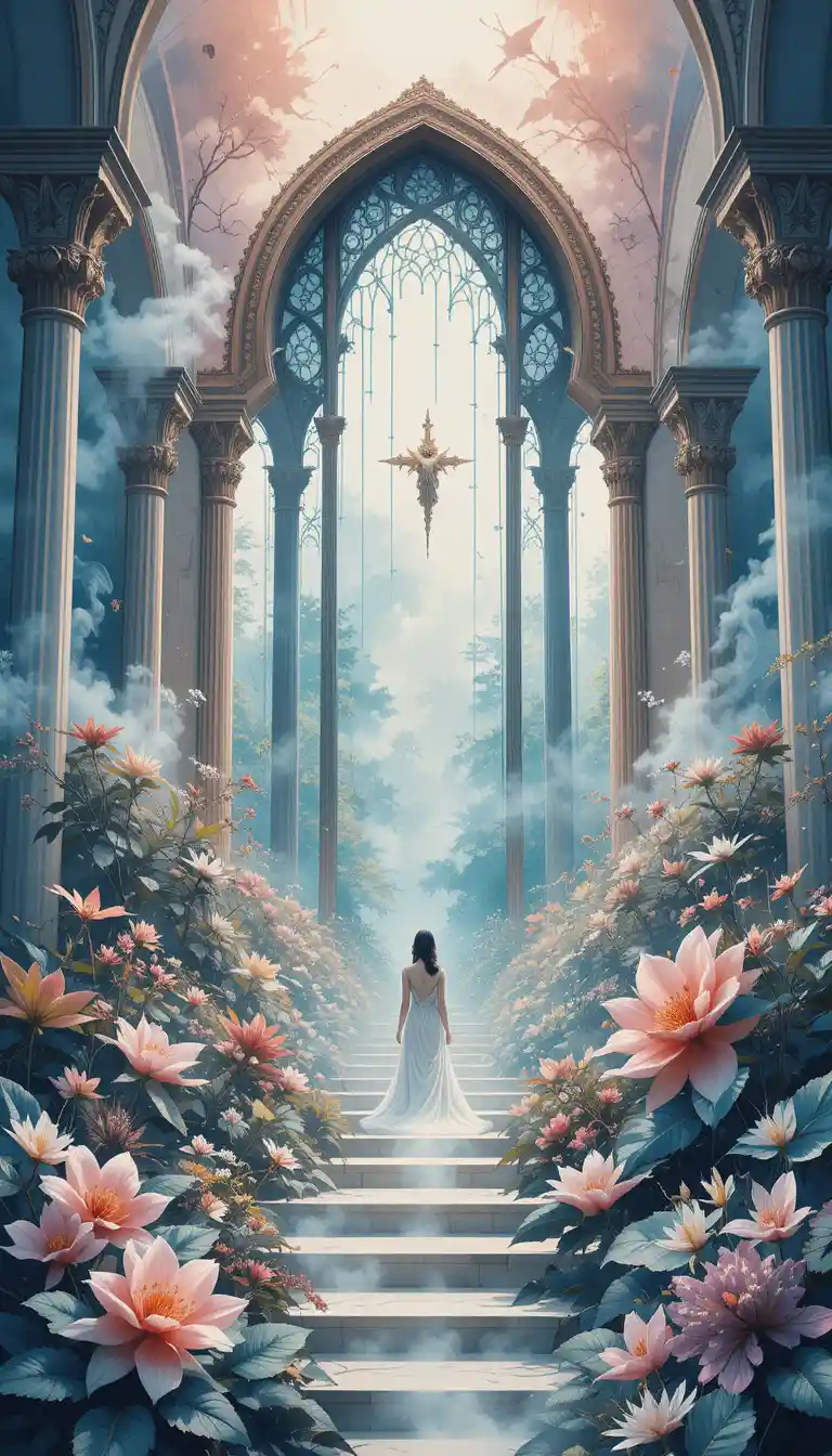 Heavenly fantasy architecture with blooming flowers and ink splashes