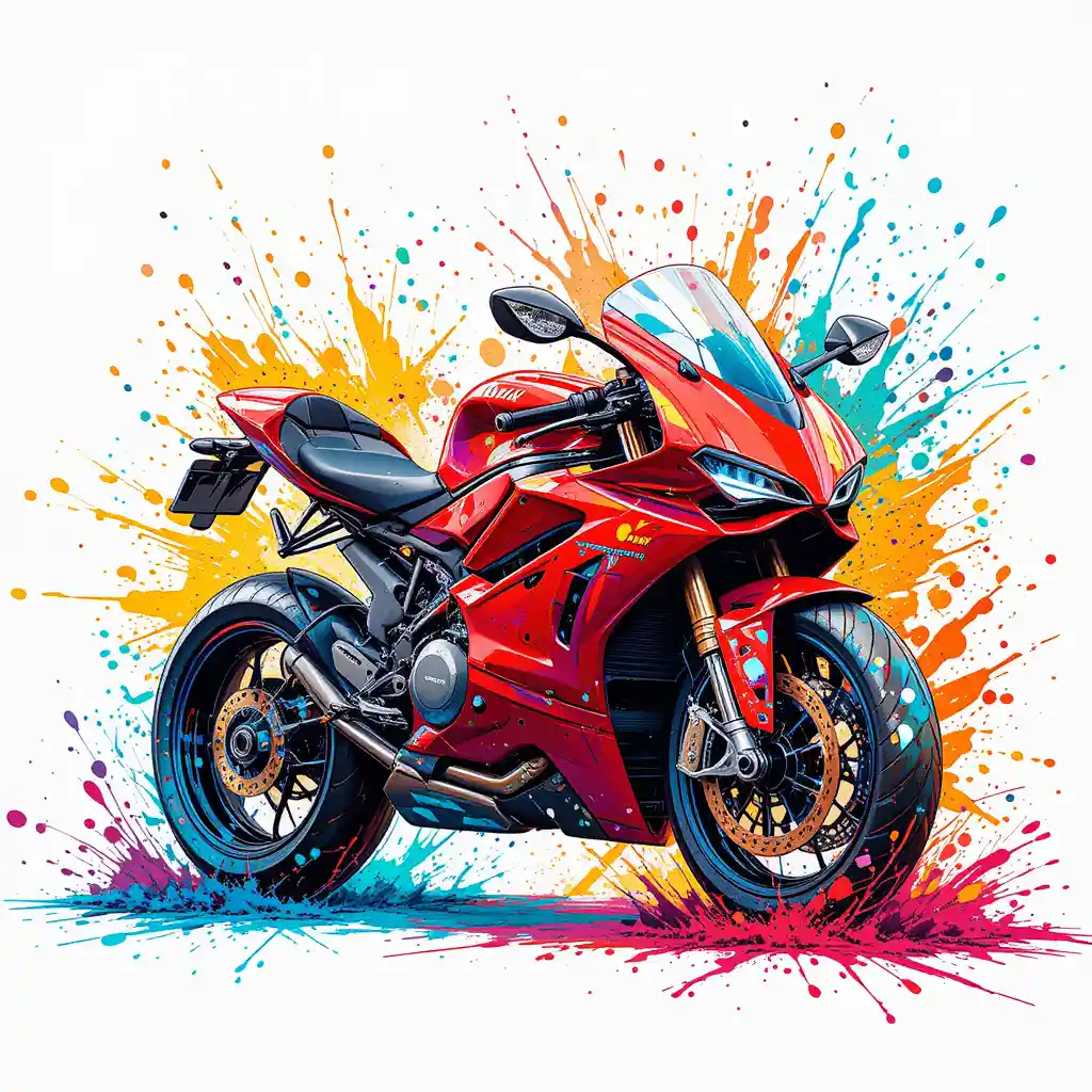 Colorful cartoon motorcycle with playful paint splashes