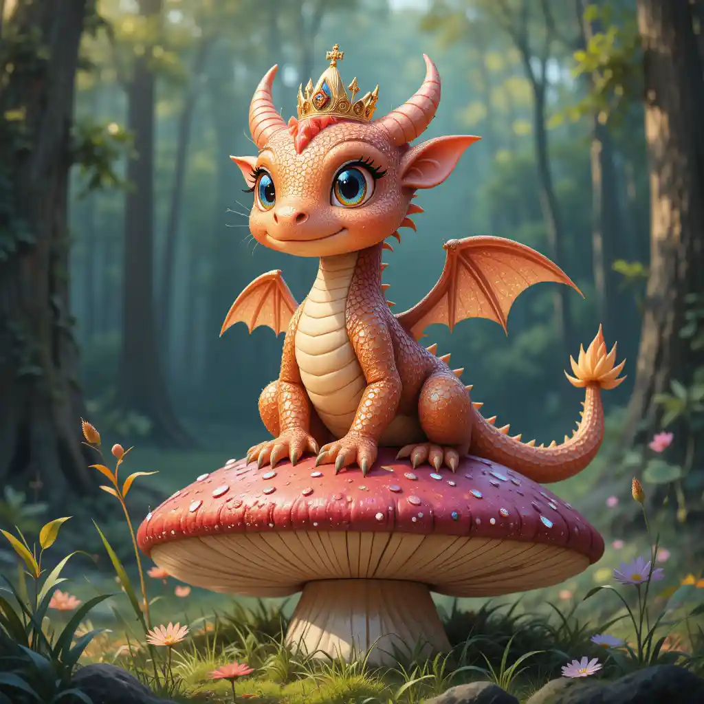 Cute glitter dragon royalty resting on a forest mushroom