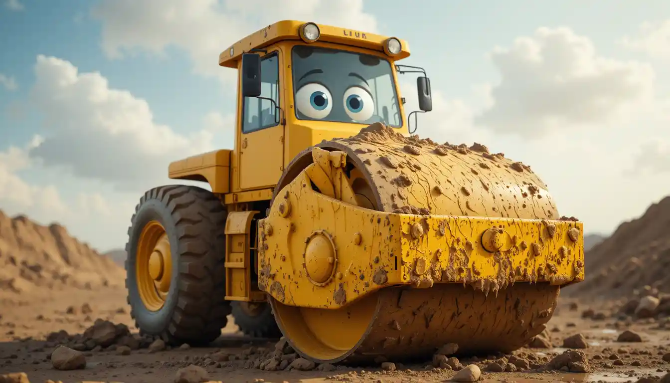Cute yellow road roller with expressive cartoon face