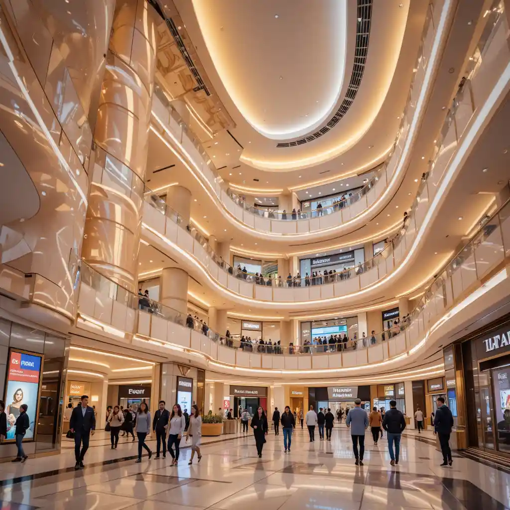 Luxurious indoor shopping mall with neon lit upper floors