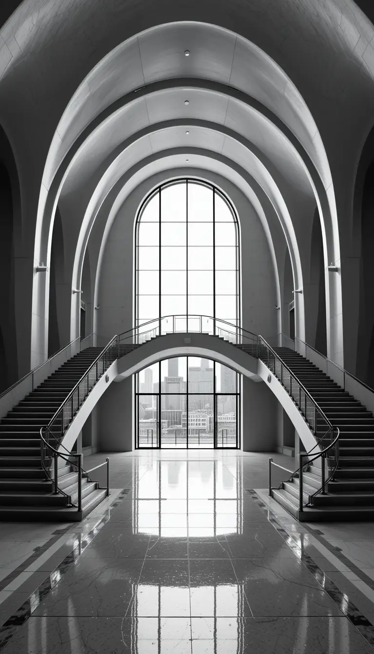 Symmetrical Architectural Hall With Curved Stairs And Window