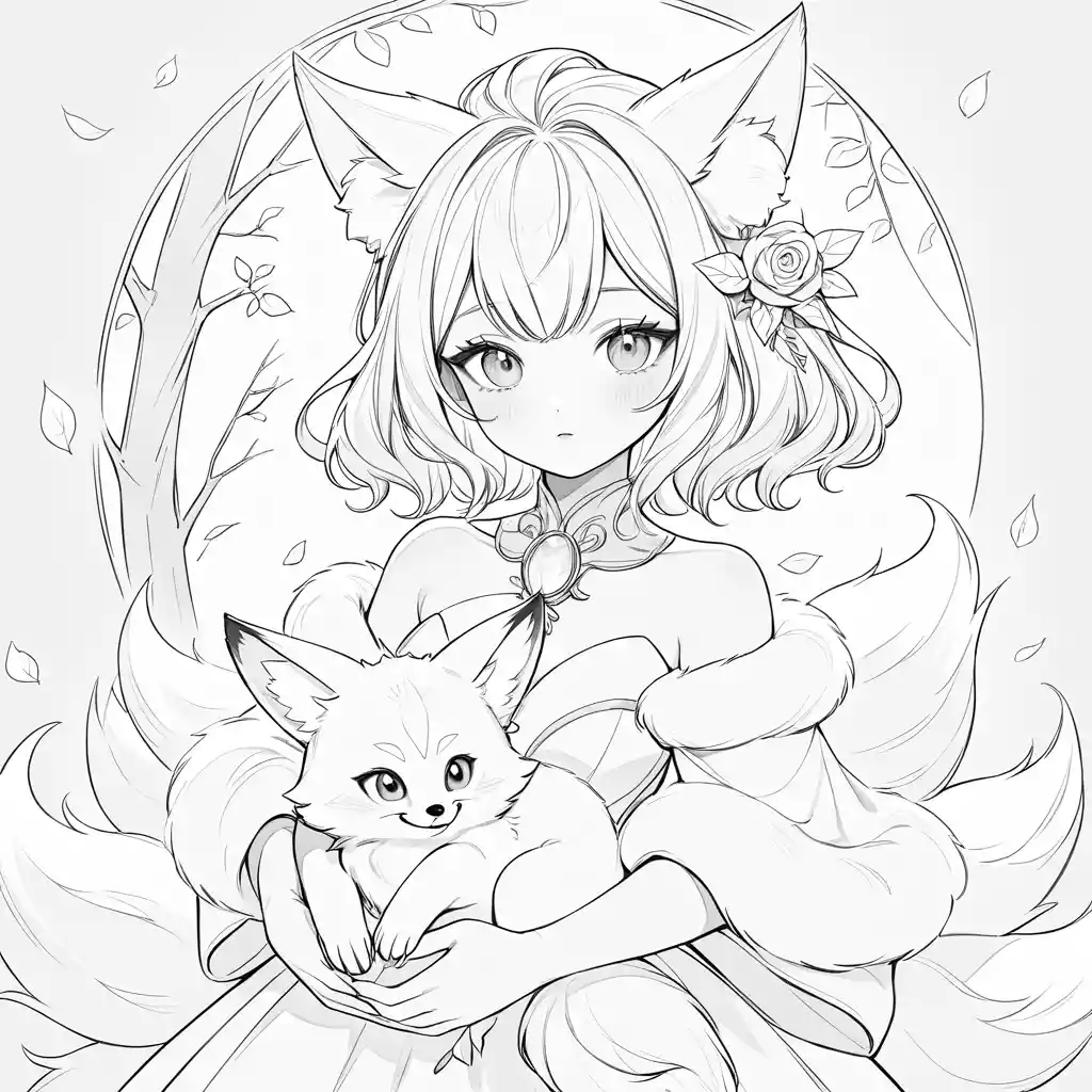 Young girl hugging a glowing orange fox illustration