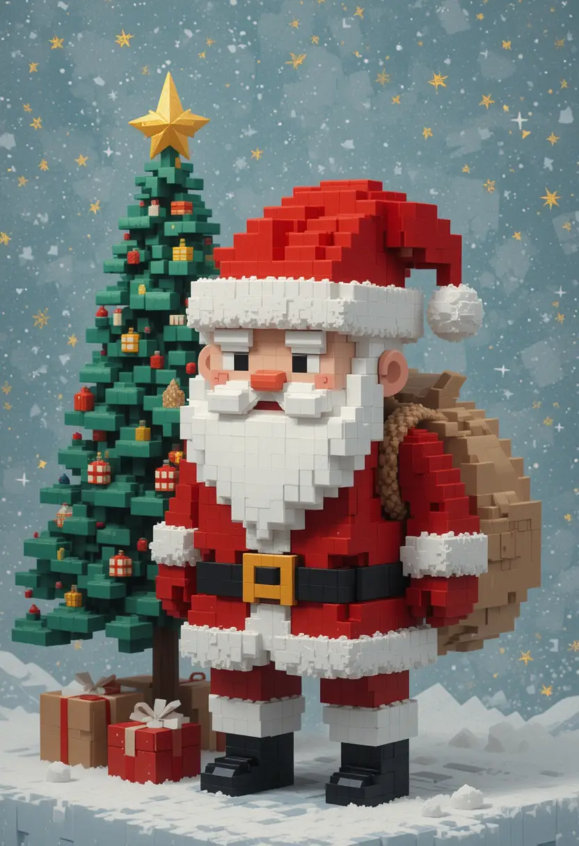 Voxel santa claus beside a geometric christmas tree