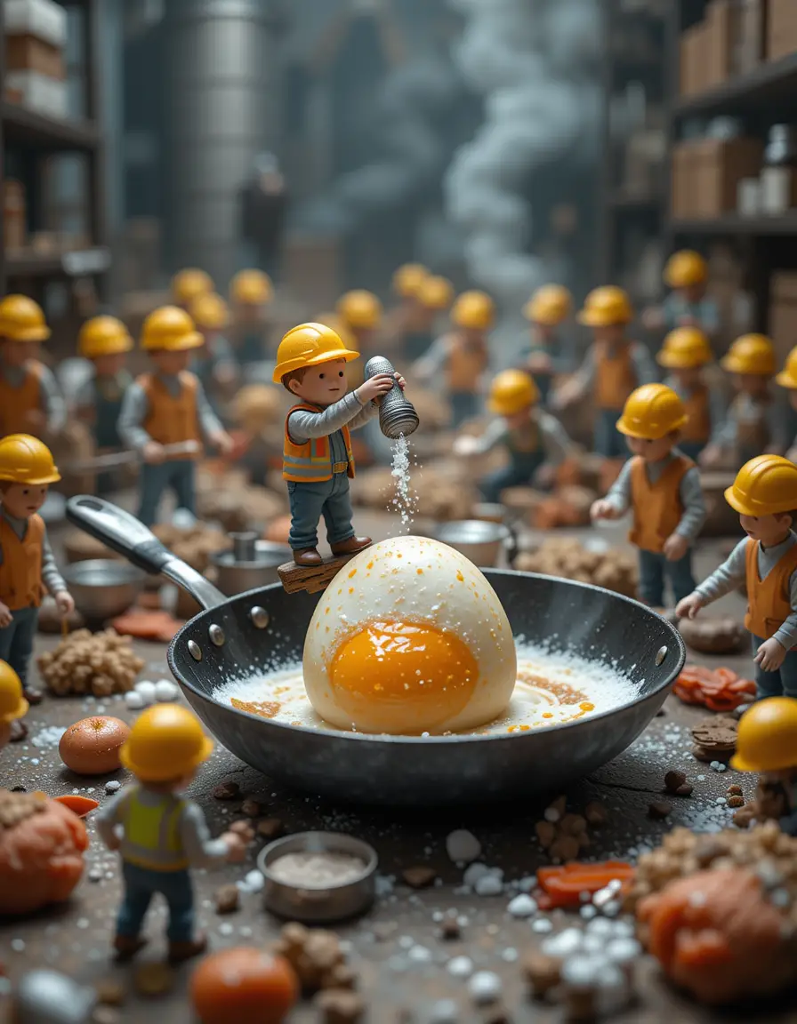 Miniature workers seasoning a giant fried egg in pan