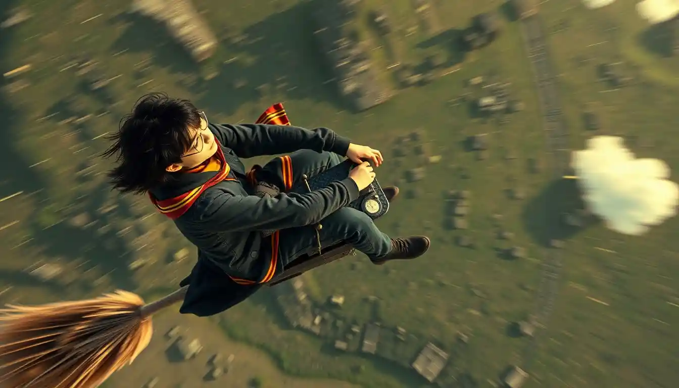 Teenage boy flying on a broomstick high in the sky