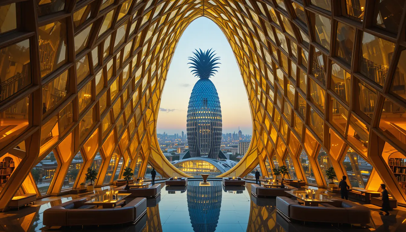 Futuristic pineapple shaped architectural interior with city view