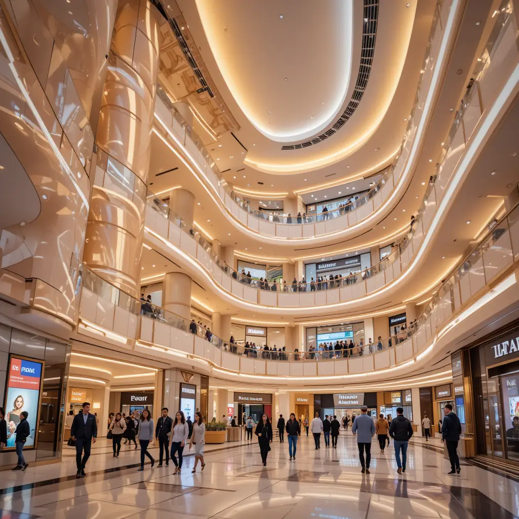 Luxurious indoor shopping mall with neon lit upper floors