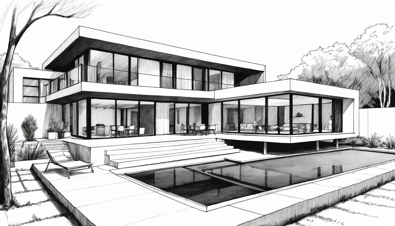 Minimalist pencil sketch of a modern house courtyard