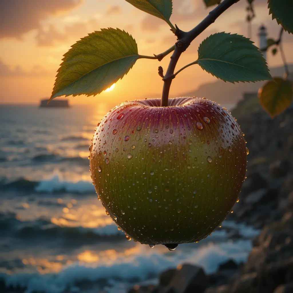 Dew covered apple on a branch at seaside sunrise