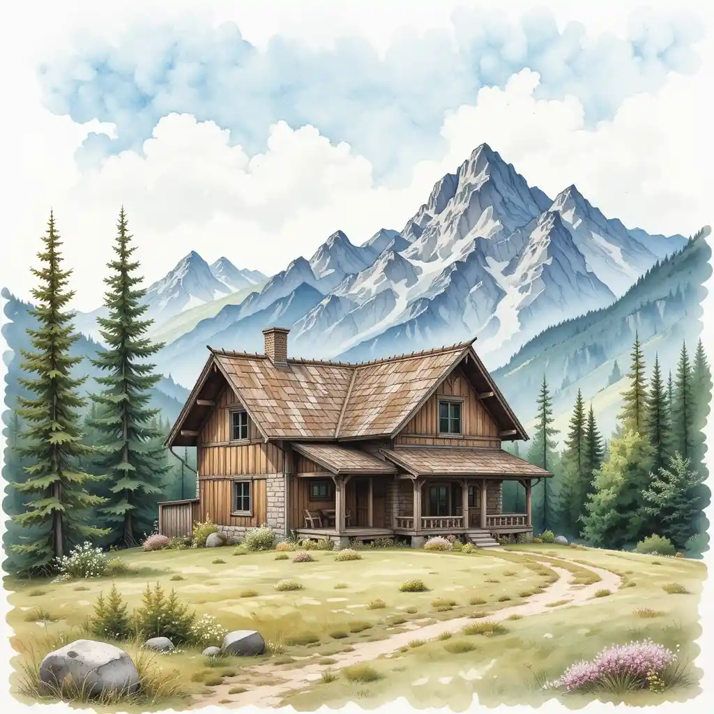 Rustic Country House In Watercolor Mountain Landscape
