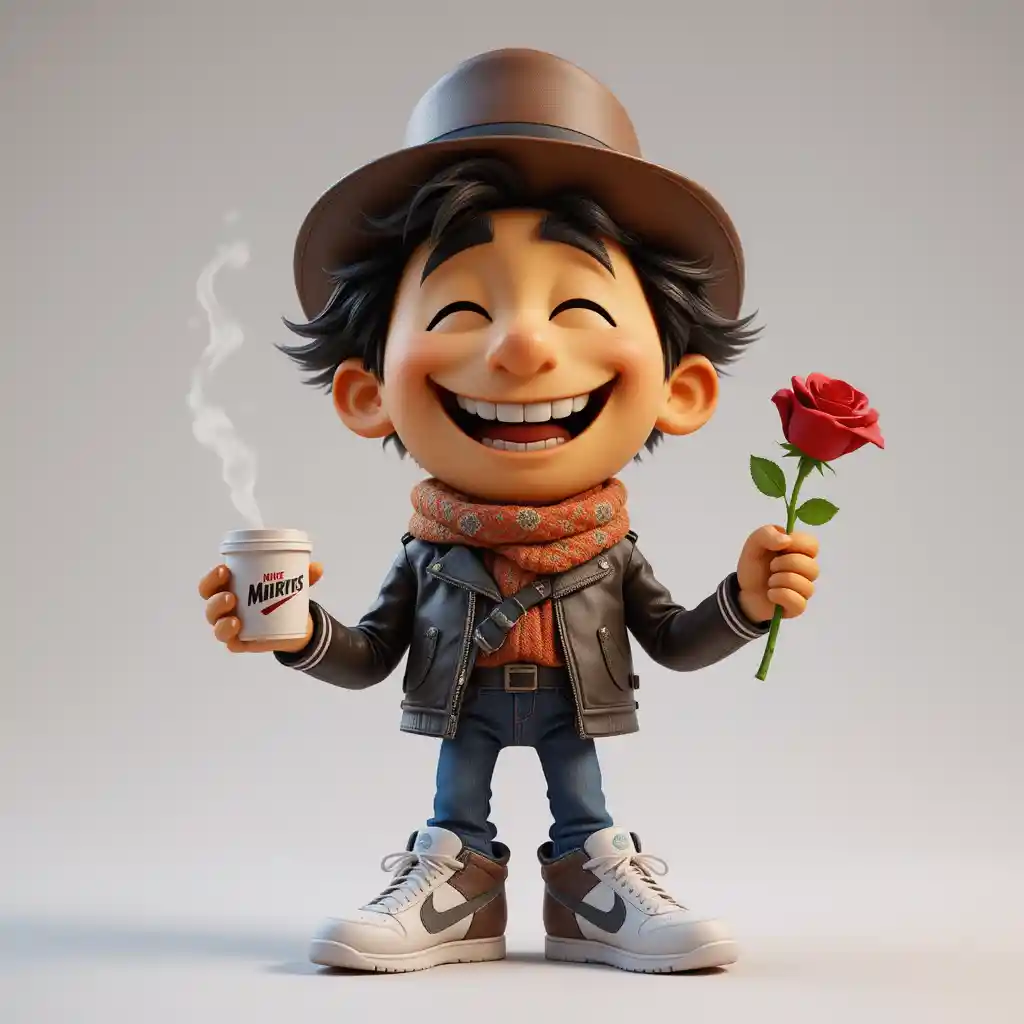 Laughing cartoon character with coffee and rose