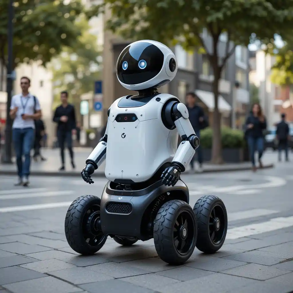Service robot on wheels guiding visitors through the city