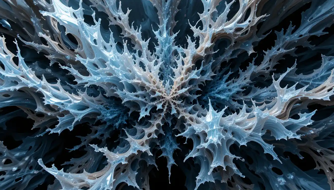Crystalline forms colliding with flowing organic chaos