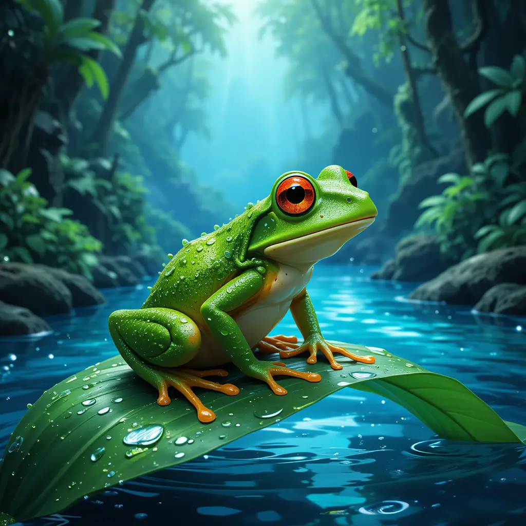 Green frog on dewy leaf in magical rainforest