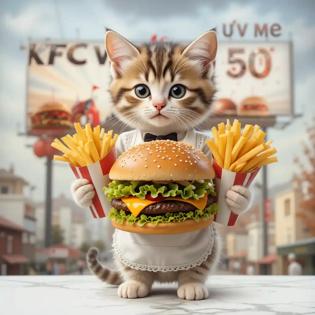 Cute cartoon kitten holding burger and fries on billboard