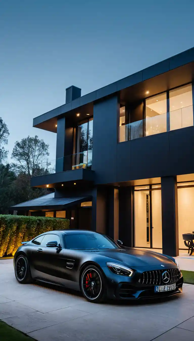 Black sports car parked by modern house at night