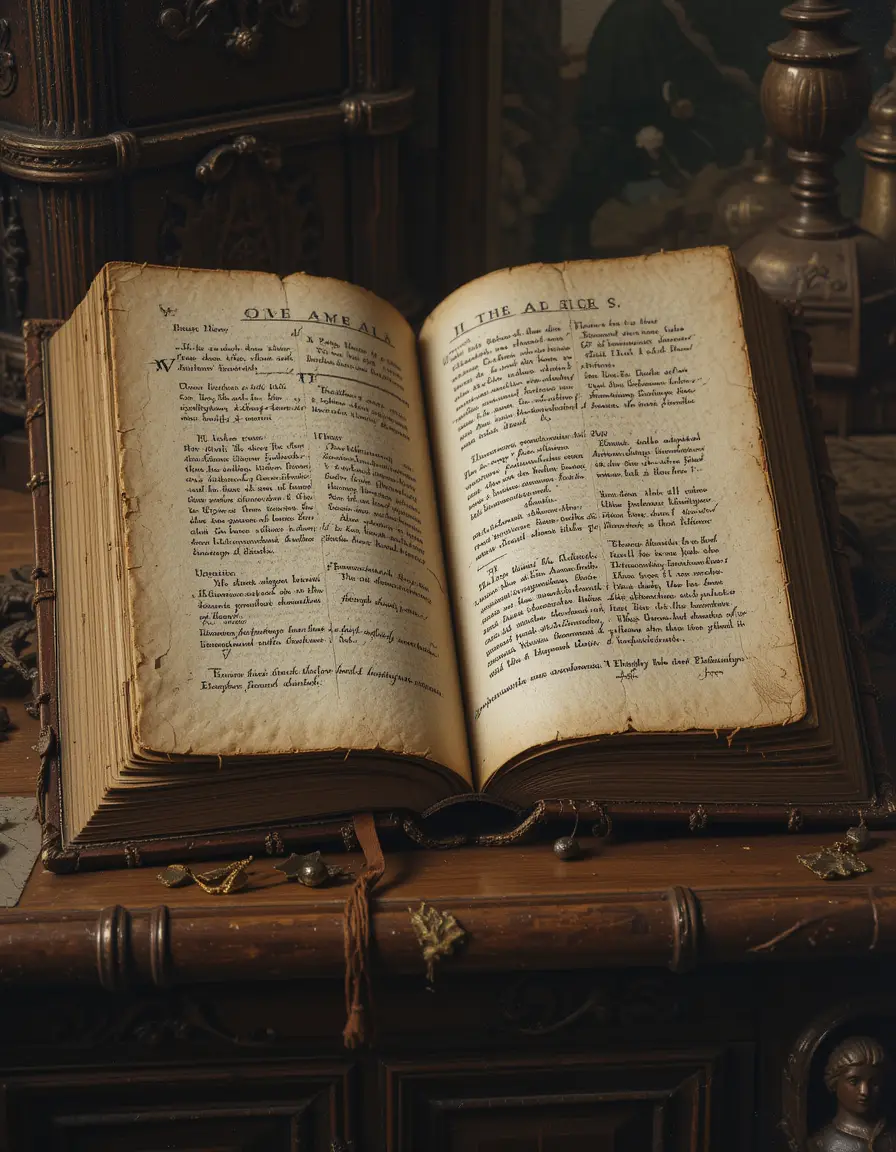 Aged open book on ornate wooden baroque desk