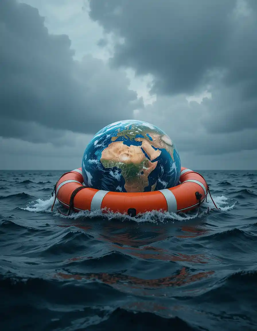 Earth in an orange lifebuoy floating on rough ocean