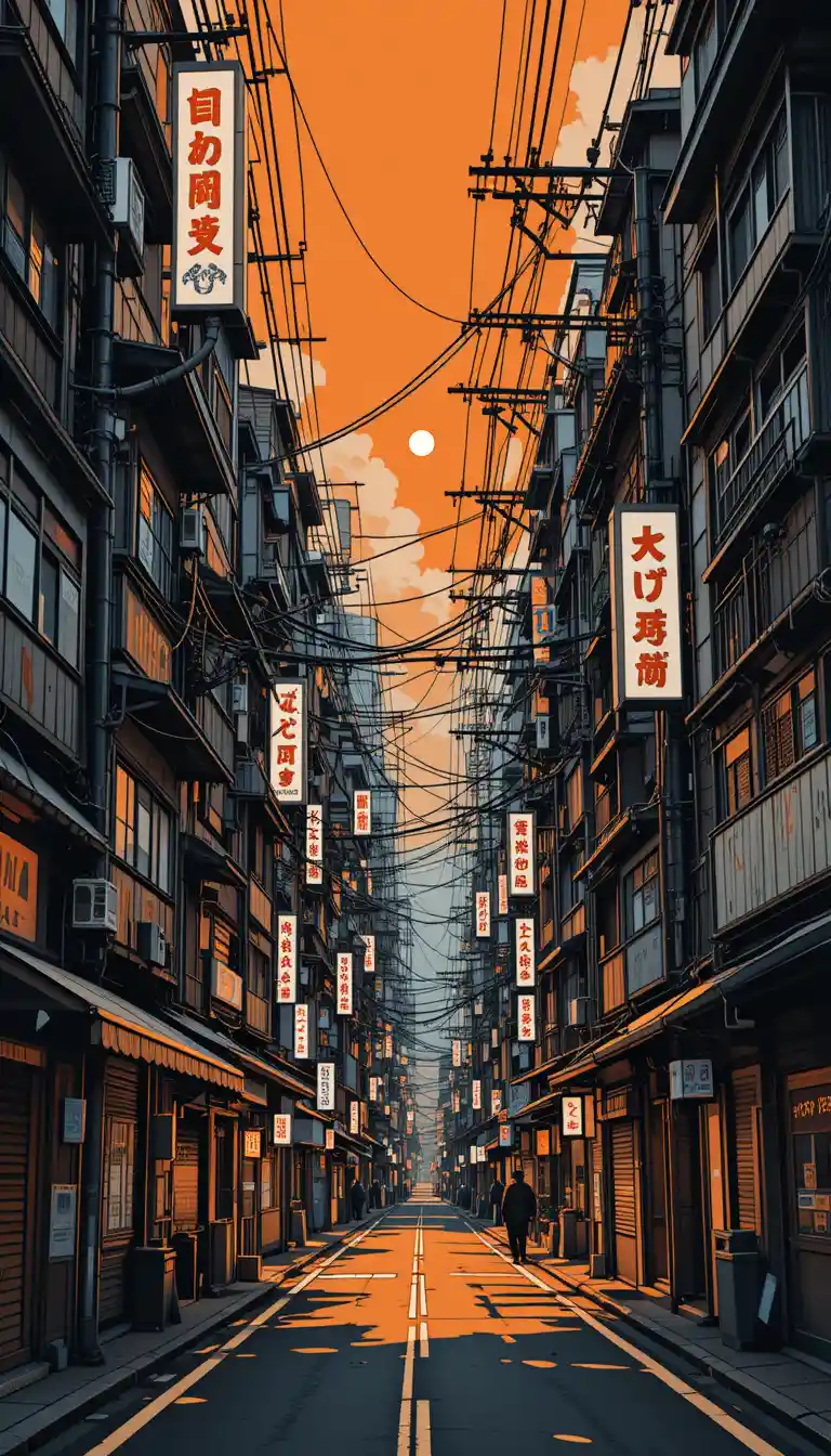 Vector view of dense tokyo street corners with power lines