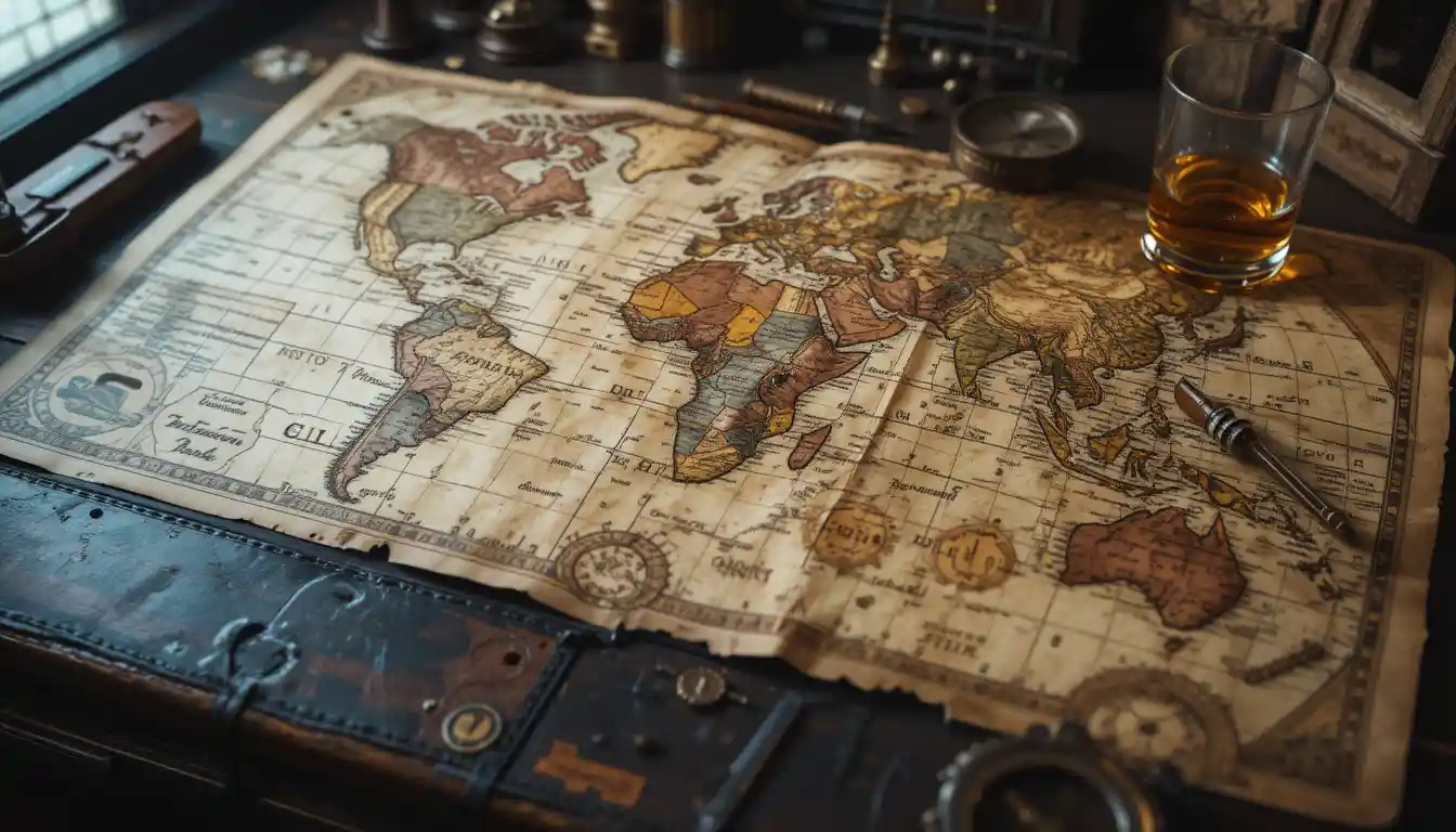 Ancient treasure map on old desk in steampunk style