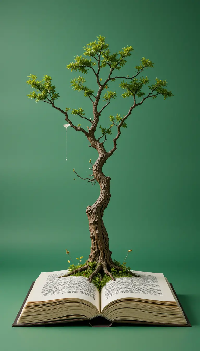 Surreal book with tree branch on green abstract background