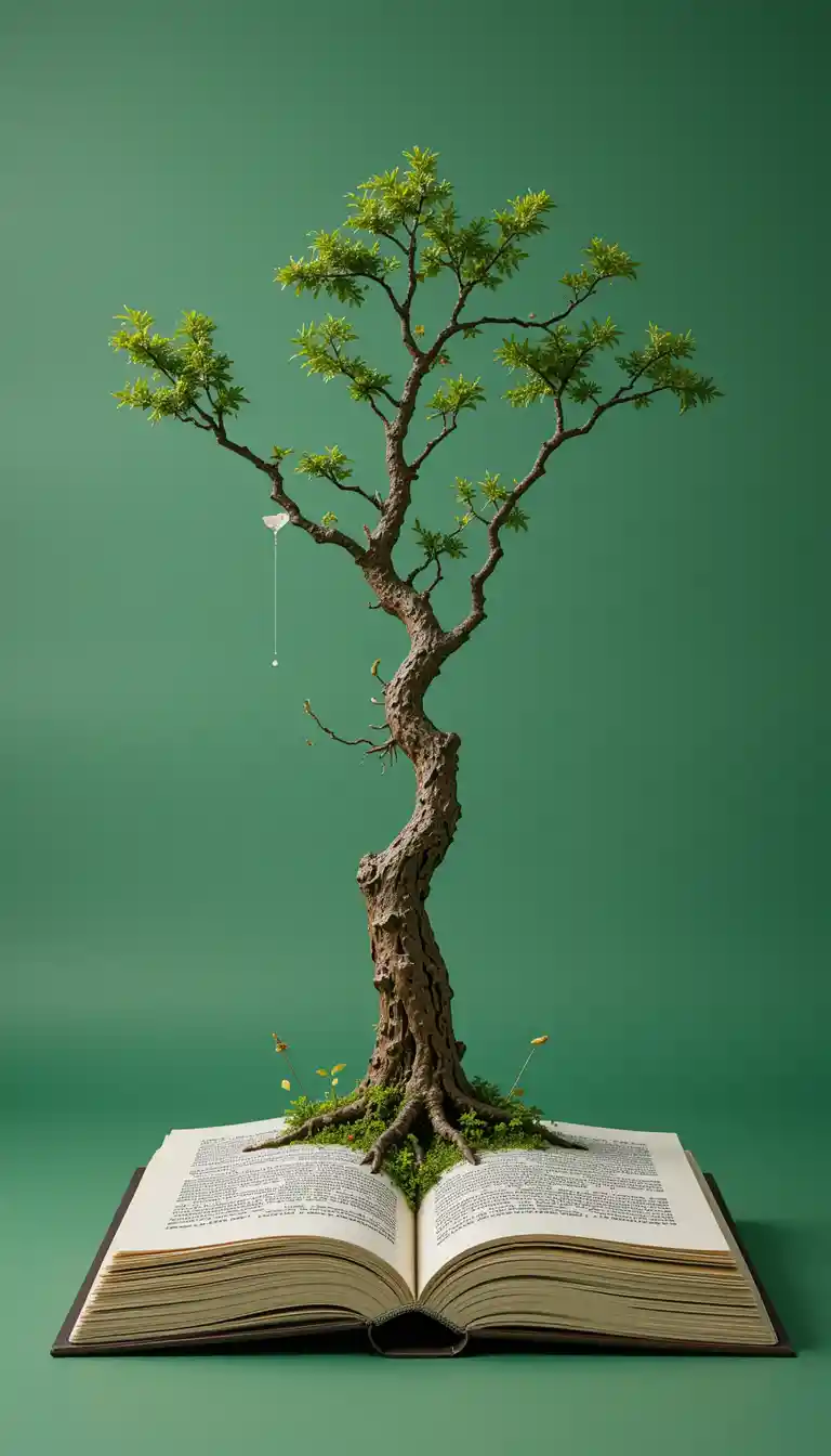 Surreal book with tree branch on green abstract background