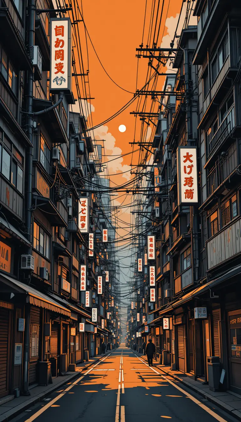 Vector view of dense tokyo street corners with power lines