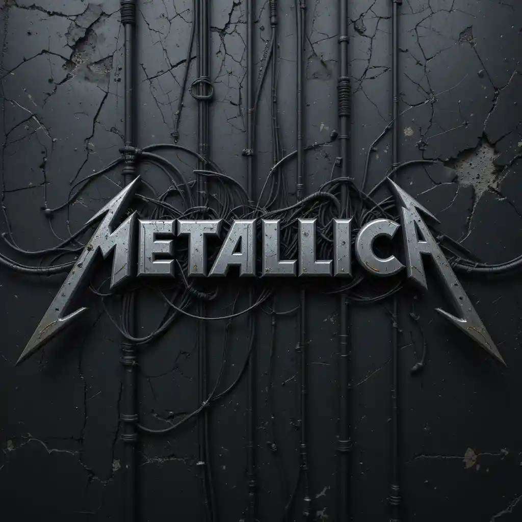 3d metal text logo with wires on dark wall