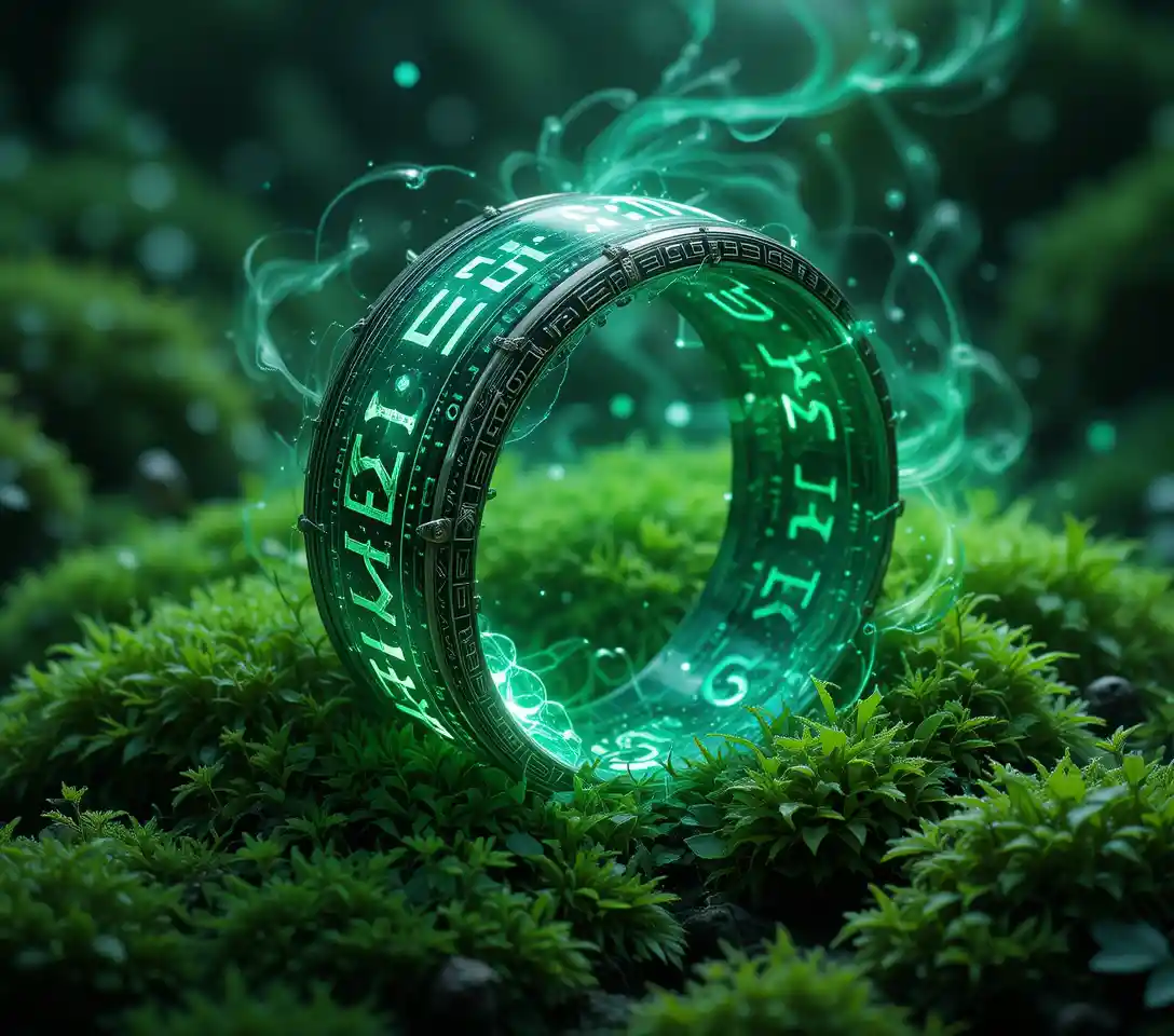 Enchanted rune ring resting on lush green moss