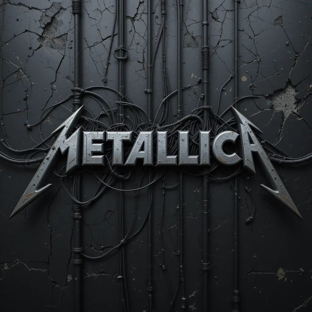 3d metal text logo with wires on dark wall
