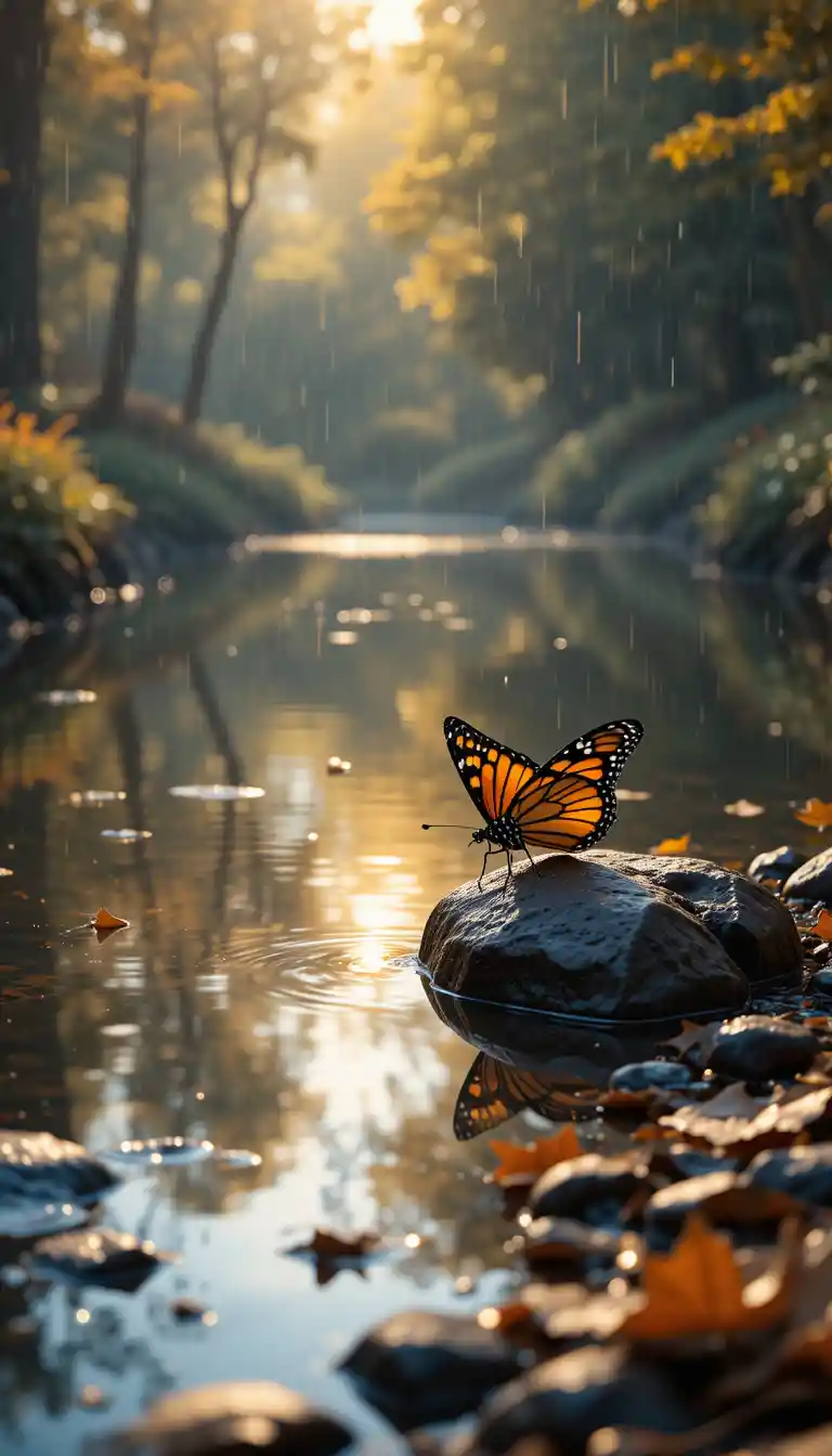Monarch butterfly by still water in golden forest light