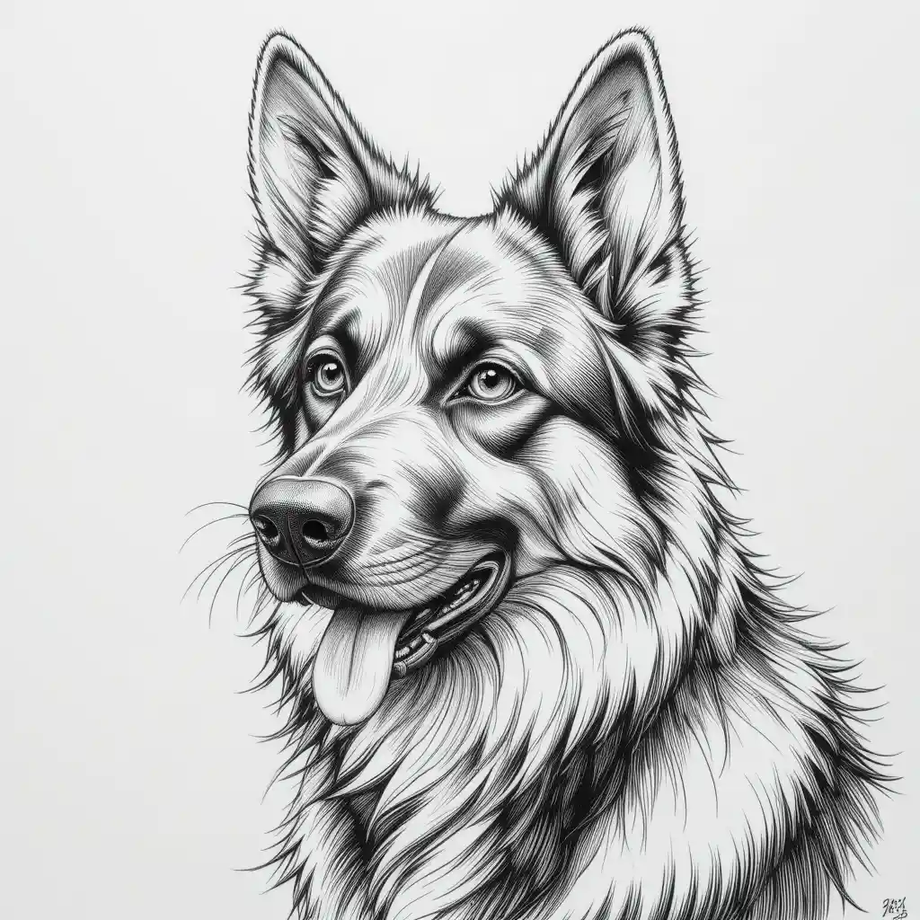 Dessin au crayon d’un chien berger style manga en noir et blanc