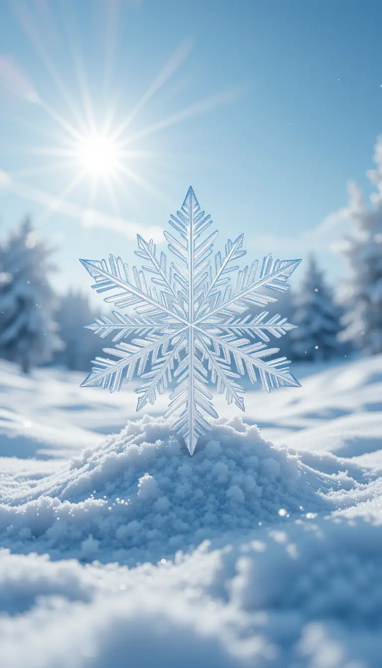 Towering 3D snowflake on bright sunlit snowfield