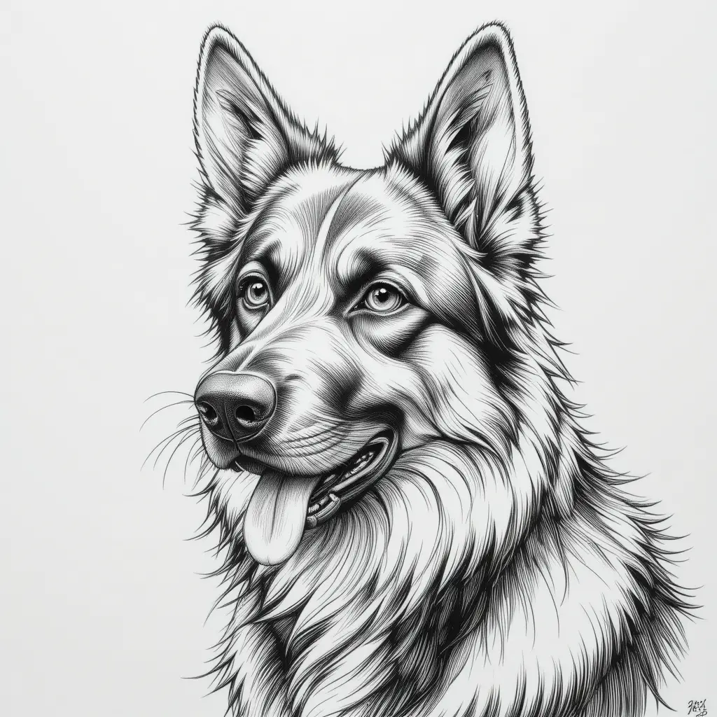 Black and white manga style shepherd dog pencil drawing