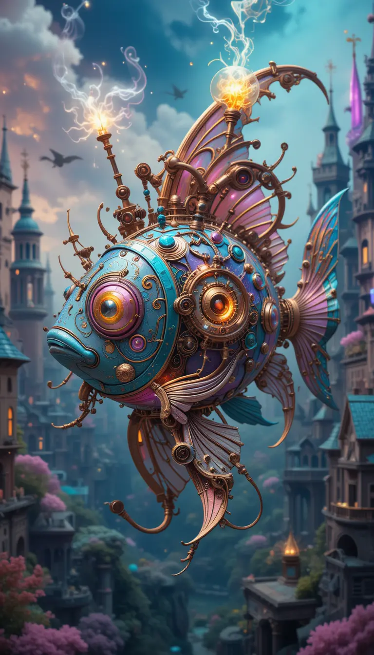 Mechanical neon fish in a mystical underwater cityscape