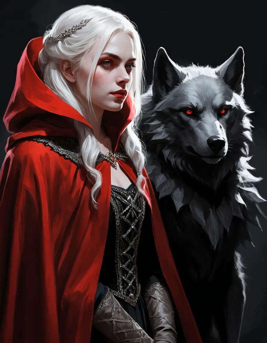 White haired girl in red cloak facing dark werewolf