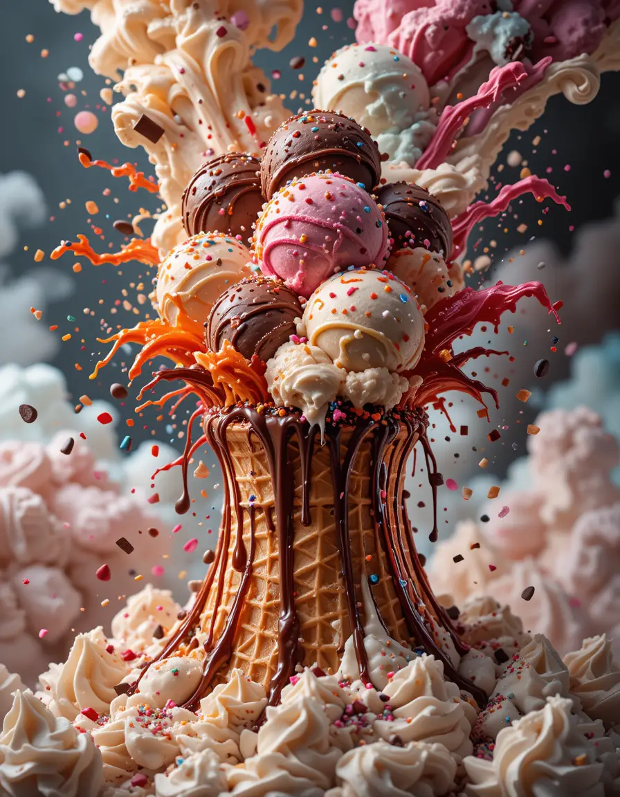 Colorful Ice Cream Explosion From A Waffle Cone Volcano