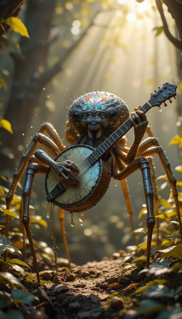 Giant spider playing a banjo in an enchanted forest