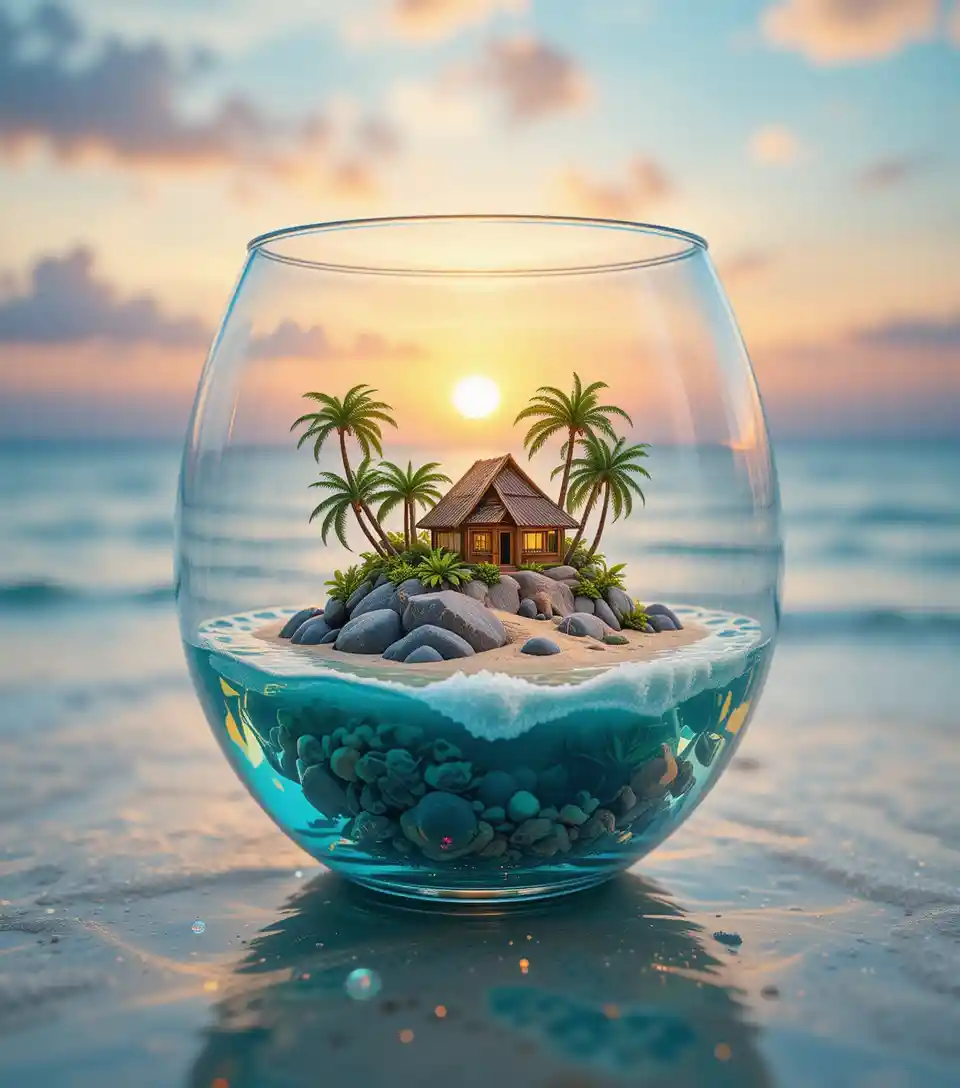 Miniature Tropical Island In A Glass At Sunset