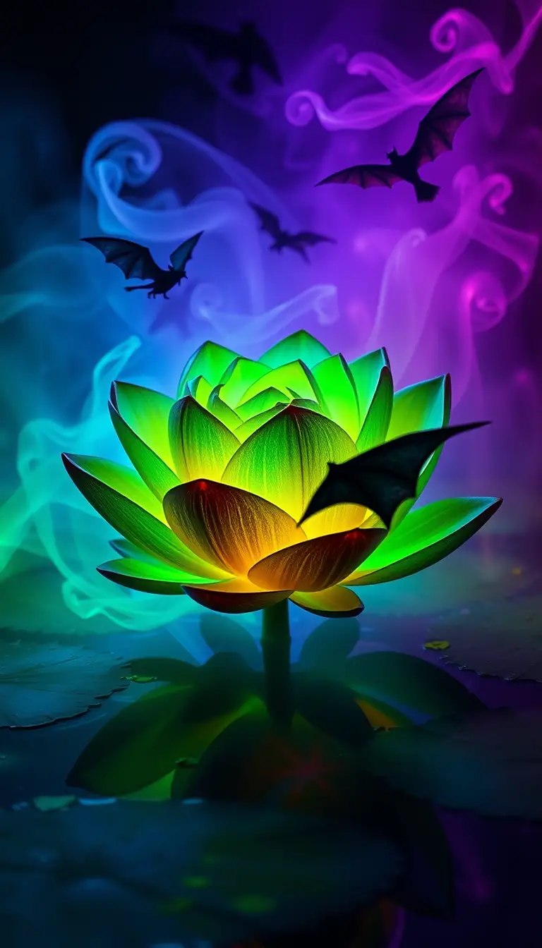 Glowing Green Water Lily With Colorful Smoke And Gargoyles
