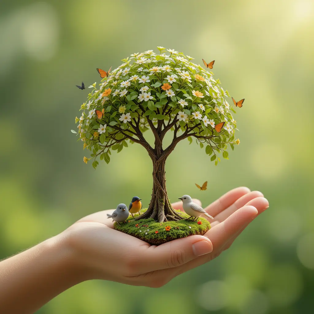 Miniature spring tree cradled in an open human hand