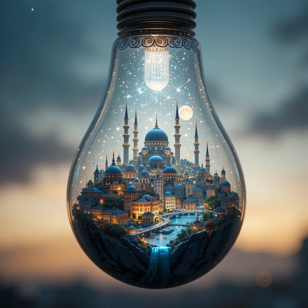 Miniature Istanbul city glowing inside a glass light bulb