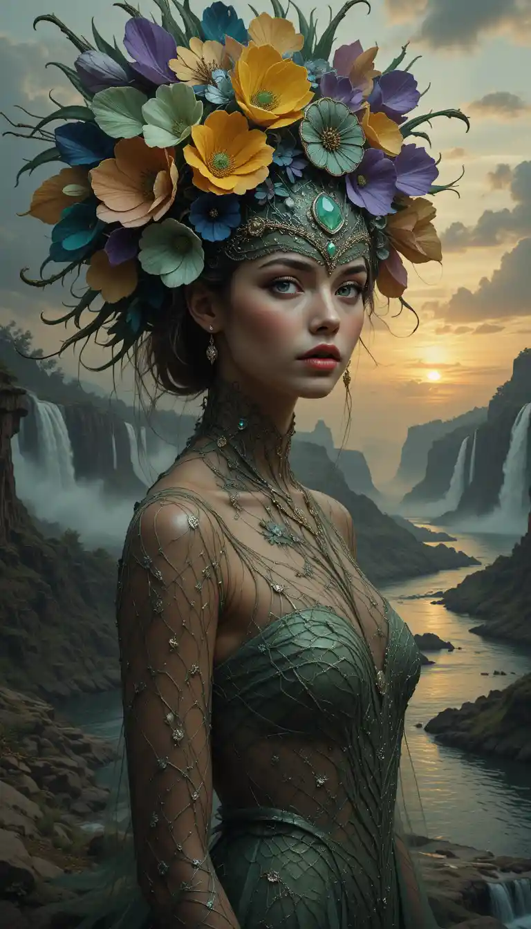 Surreal portrait of a woman with floral carnival hat