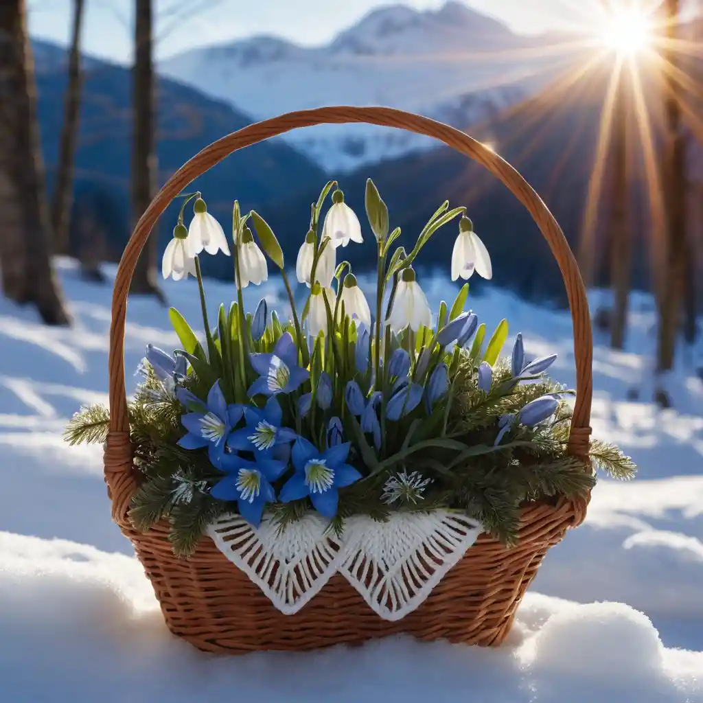 Gencianas y campanillas de nieve en un bosque de montaña invernal al atardecer