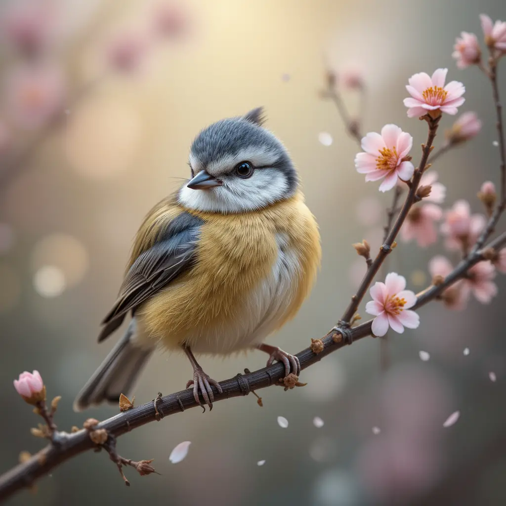 Small bird resting on a thin flowering tree branch