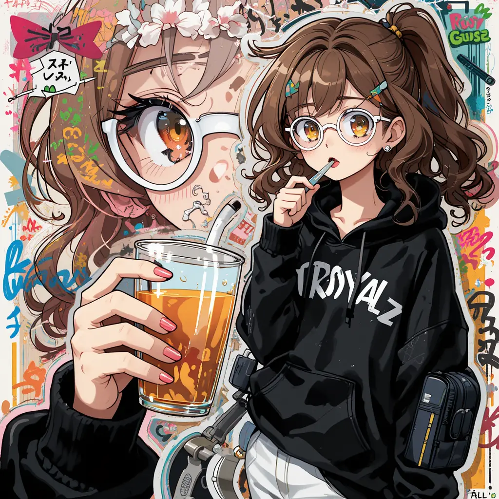 Graffiti Style Anime Girl Drinking Tea Close Up