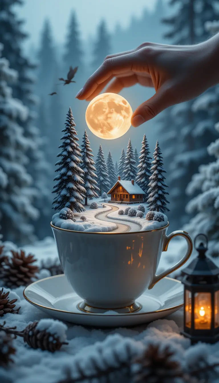 Magical winter landscape inside a teacup under moonlight