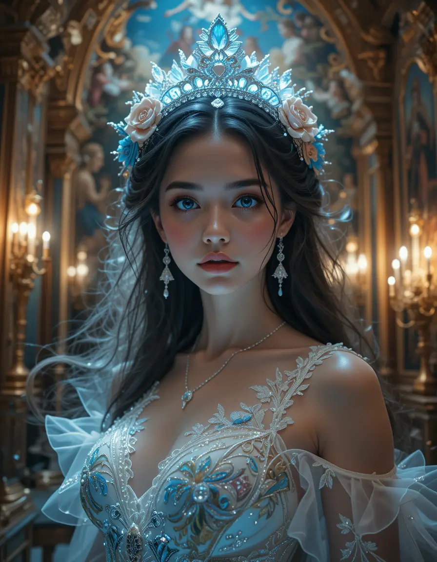 Photorealistic woman rising in ornate rococo interior