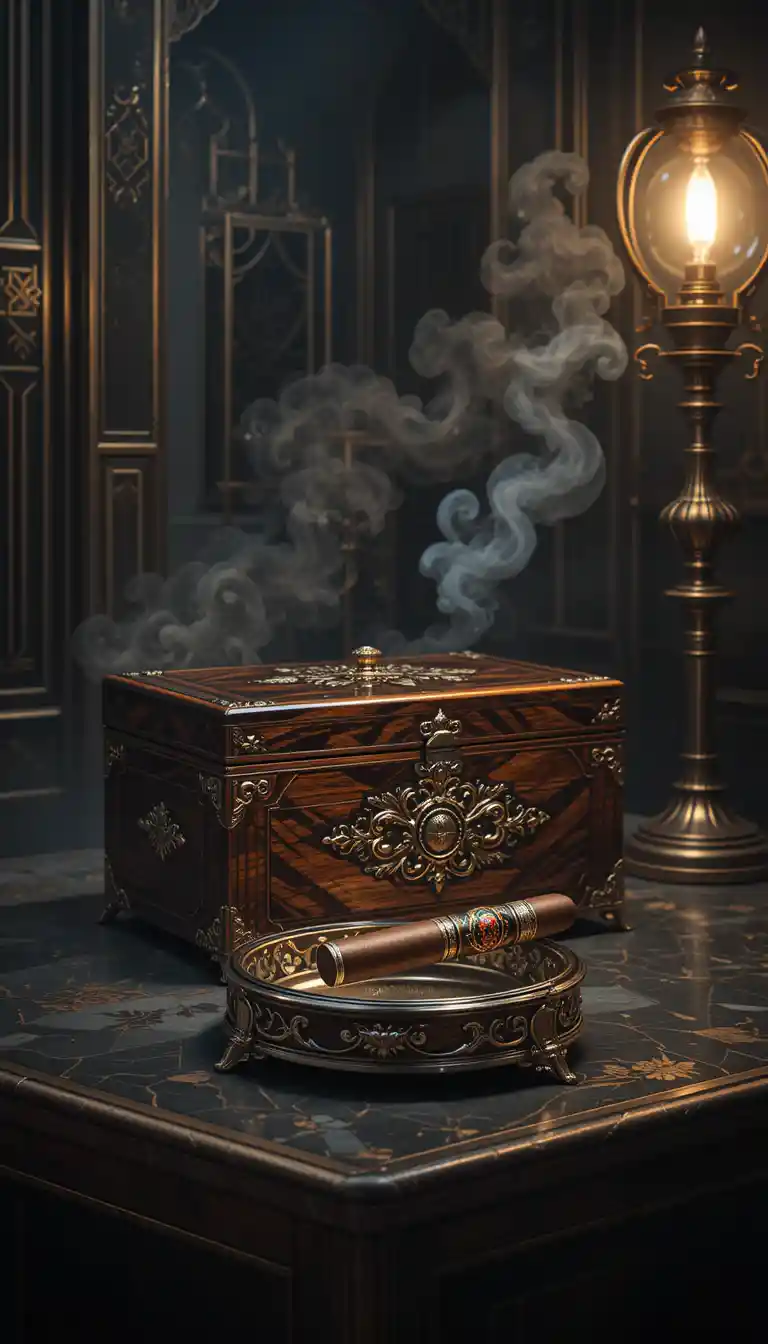 Luxurious humidor and cigar in dramatic chiaroscuro scene